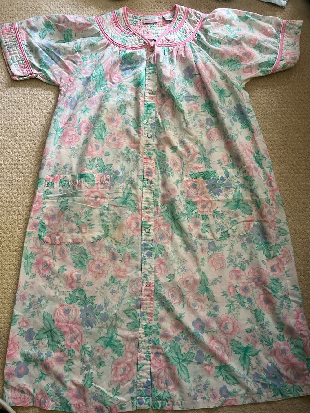 Vintage 80’s Kelly Reed Pink Floral Duster Housecoat Mumu Dress Grannycore L